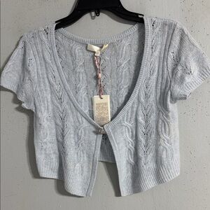 NWT LoveShackFancy Pale Blue Cable Knit V-Neck Cropped Cardigan